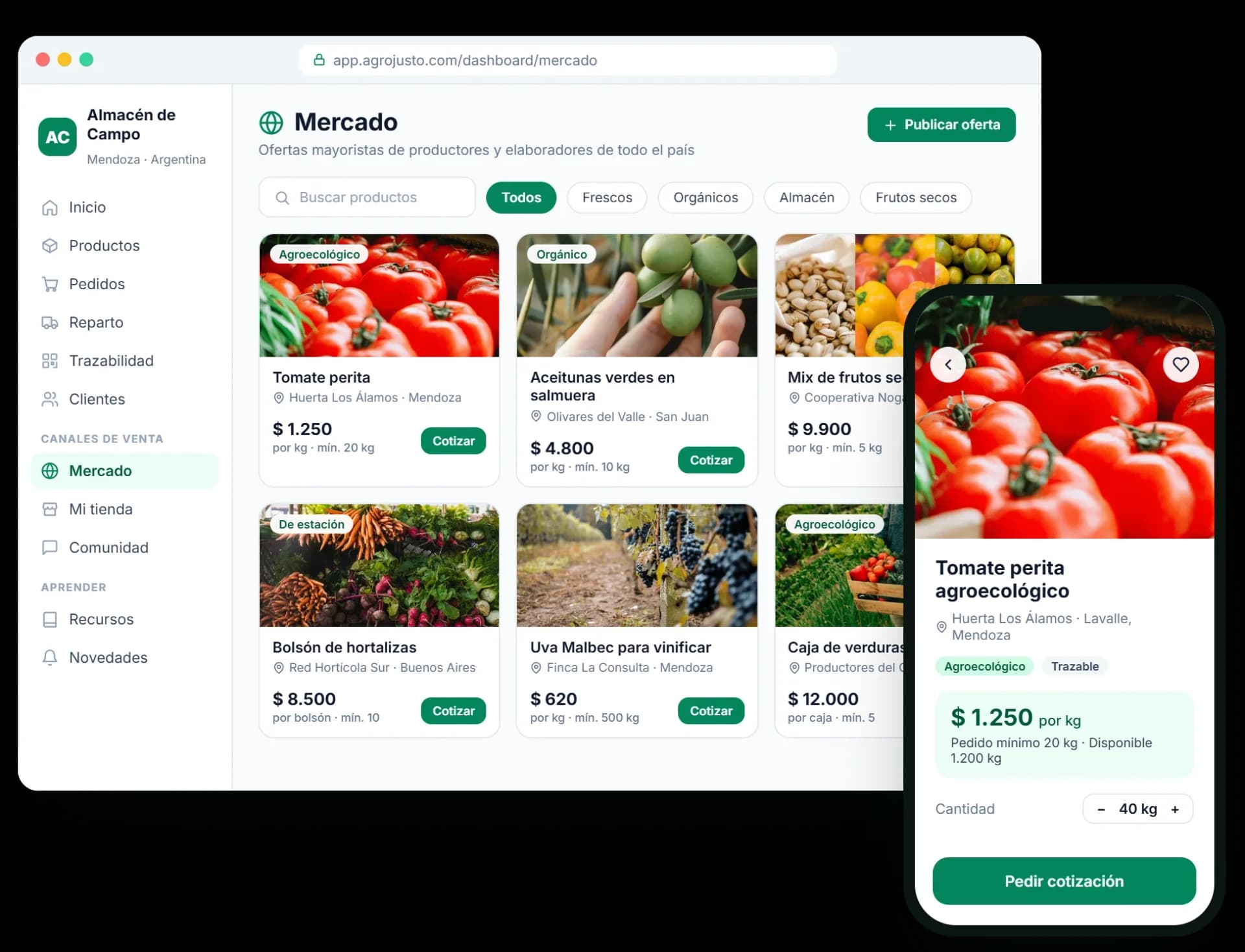 Mercado mayorista de Agrojusto: ofertas de productores con precio por kilo y pedido mínimo