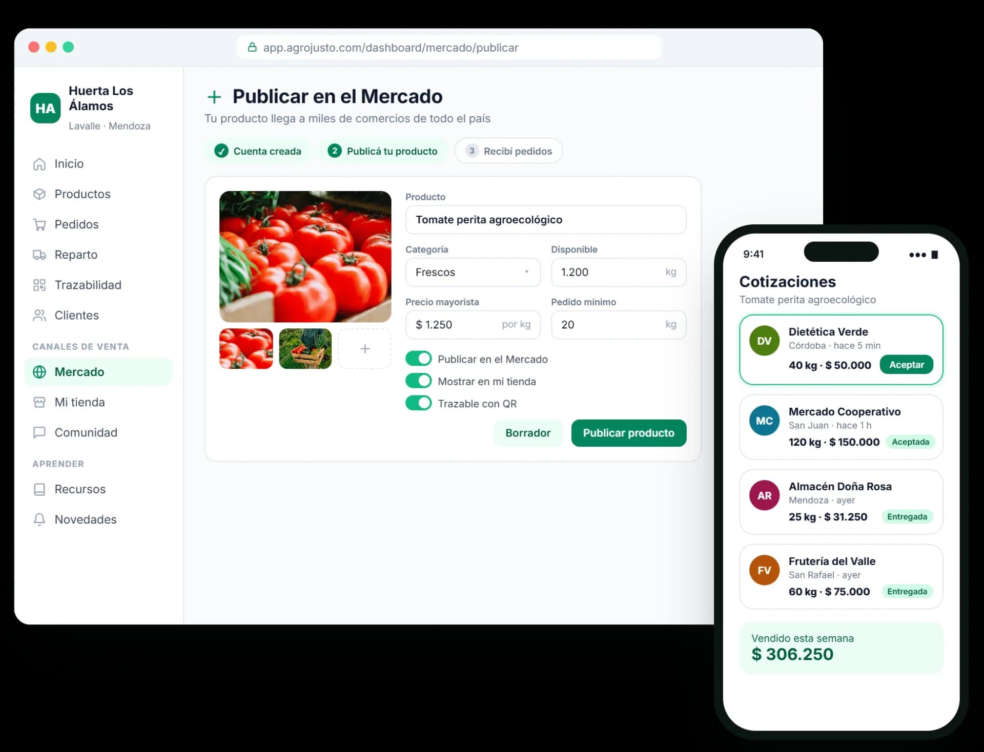 Publicar un producto en el Mercado de Agrojusto y recibir cotizaciones de comercios