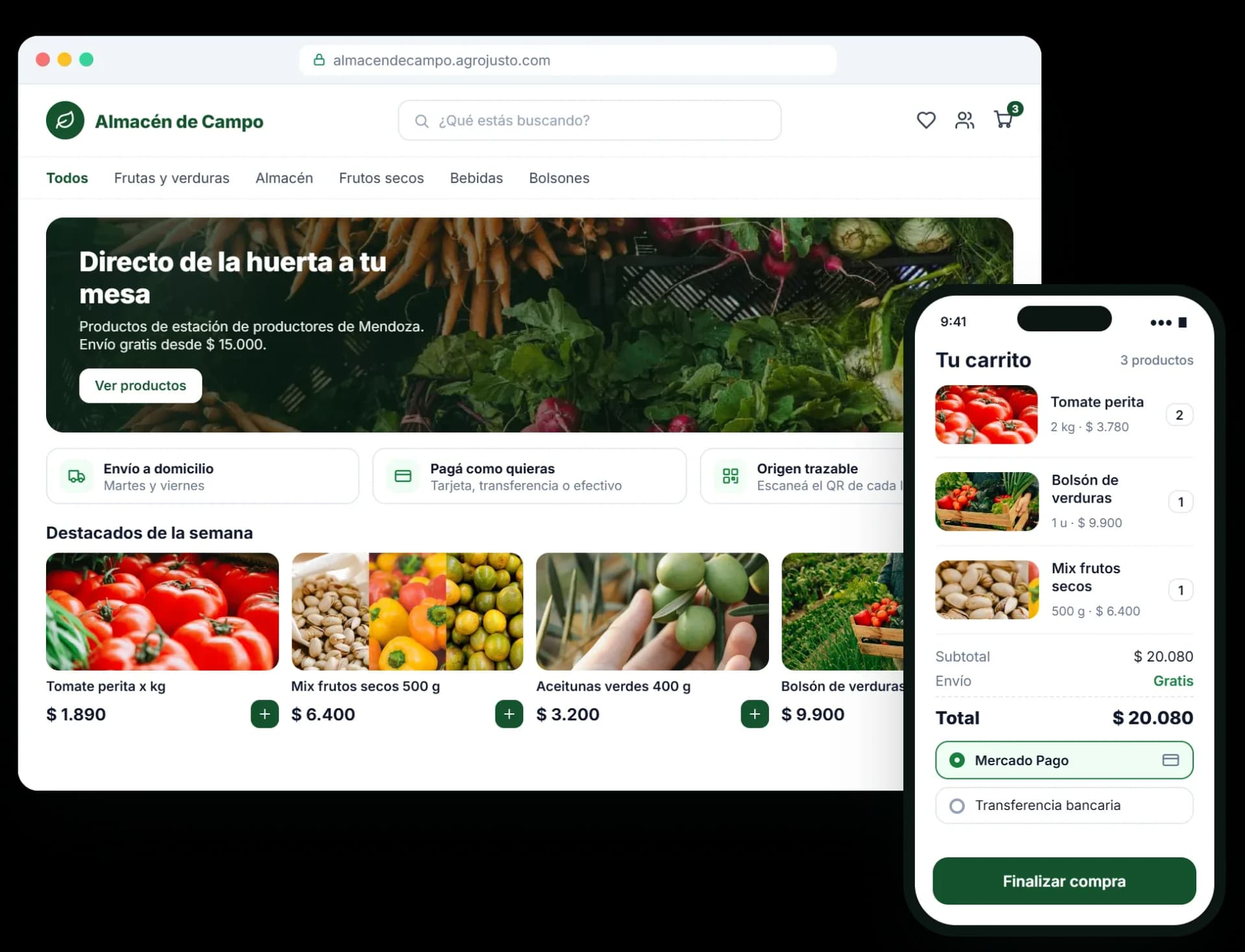 Loja virtual de alimentos feita com a Agrojusto, com carrinho e formas de pagamento