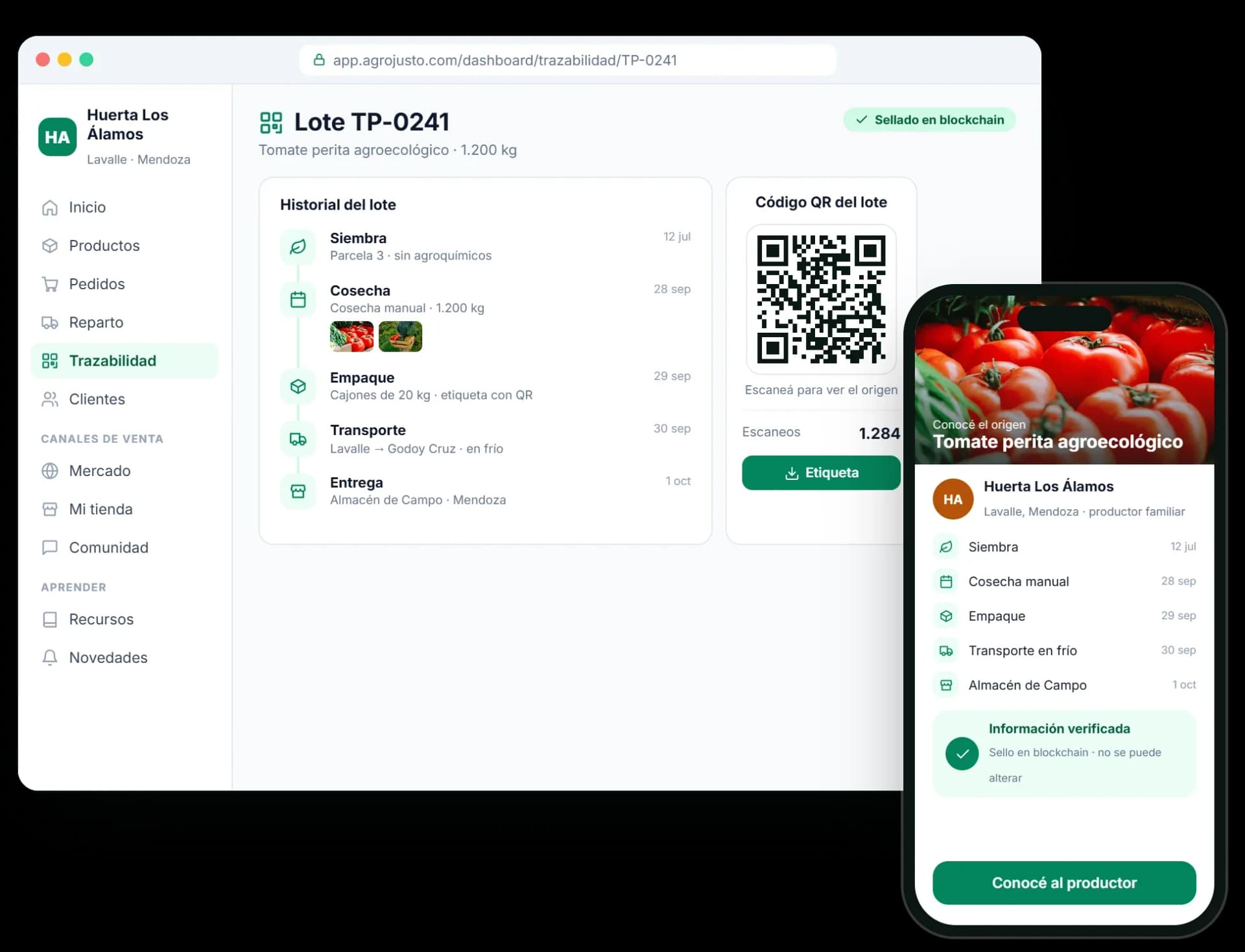 Trazabilidad: historial del lote con código QR y la página que ve el consumidor al escanearlo